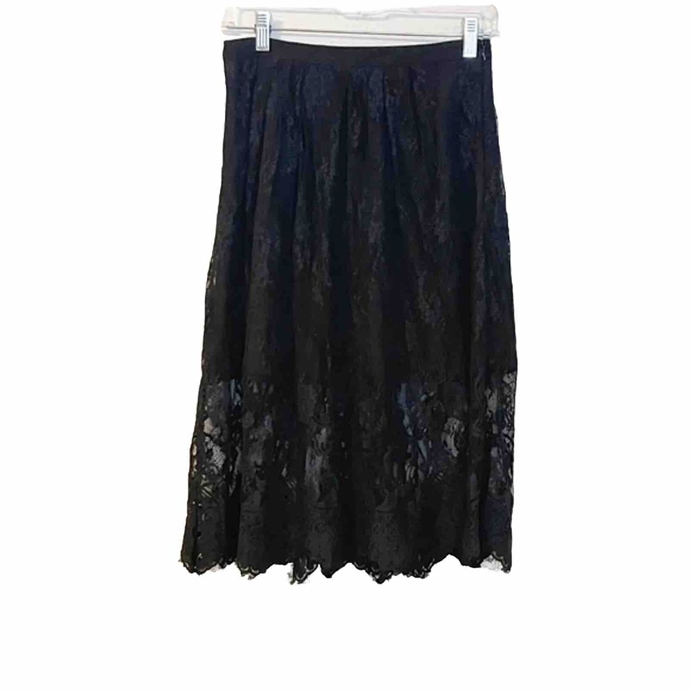 Lovers + Friends Black Lace Midi Skirt Small Floral Eyelash Hem A-Line Side Zip